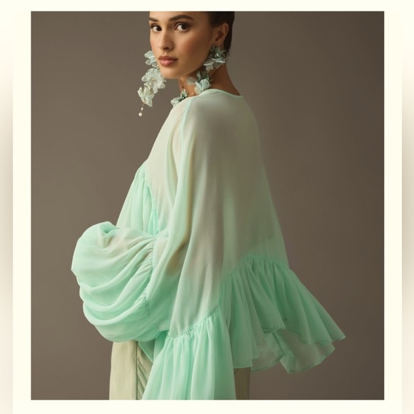 Anthropologie Let Me Be Sheer Babydoll Blouse (size M) (color Mint) - Picture 1 of 8